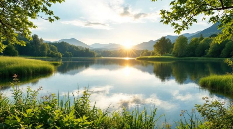 Pemandangan sunrise di atas danau yang tenang.