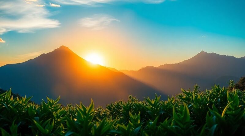 Pemandangan matahari terbit di pegunungan, penuh harapan.