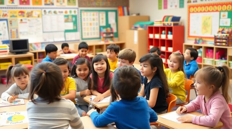 Siswa bersemangat belajar di kelas yang cerah.